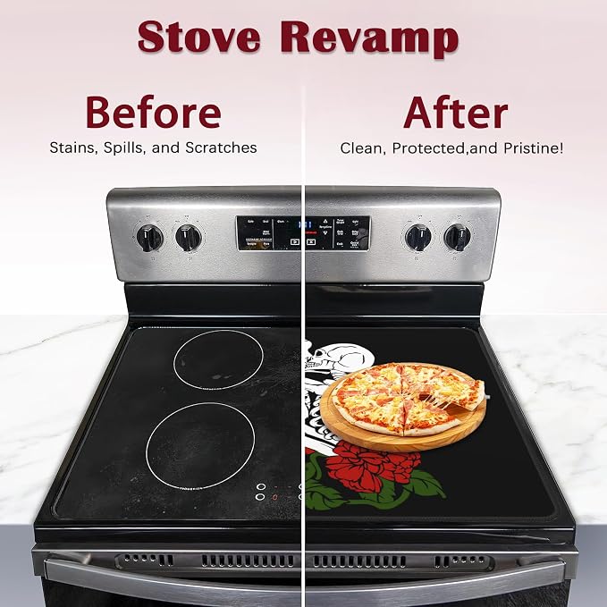Skull Red Rose Electric Stove Top Cover Protector,Flowers Skeleton Glass Flat Top Stove Mat,Heat-Resistant Oven Induction Cooktop Mat for Ceramic Countertop Mats Dish Drying Mat