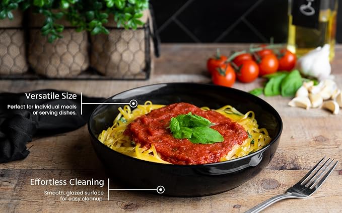 KooK Pasta Bowl, Salad Bowls, Soup, Serving Bowls, Ceramic, Large Capacity, Microwave & Dishwasher Safe, Set of 4, 40 Oz, (Charcoal)