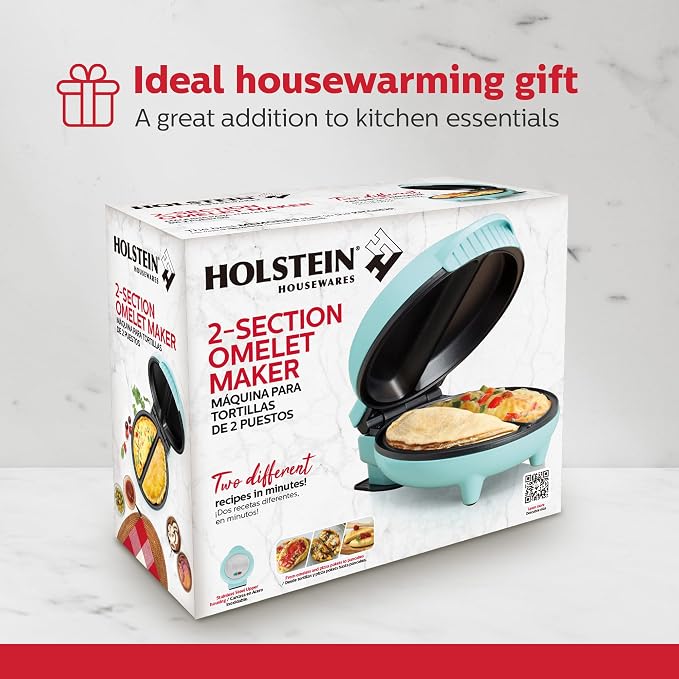 Holstein Housewares Stainless Steel 2 Section Omelet & Frittata Maker, Non Stick Coating, Easy To Clean, Indicator Lights, Compact Storage, Prepare Versatile Recipes in Minutes. 2 Portions, Mint