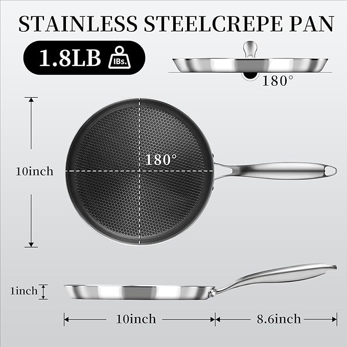 Innerwell 10 Inch Stainless Steel Crepe Pan,Nonstick dosa tawa | Honeycomb nonstick coating, PFOA-free.Compatible with All Stoves. Easy to clean.Oven Safe&Dishwasher Safe