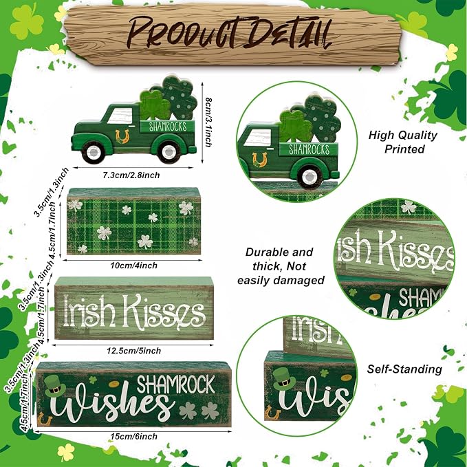 Lineshading 4 Pcs Wooden Shamrock Tiered Tray Decor St Patrick Block Signs | Green Truck Topper with Irish Kisses Blocks, Rustic Farmhouse Tabletop Decorations for Home, Stackable Display