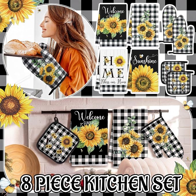 Leinuosen 8 Pcs Sunflower Checkered Kitchen Towels and Dishcloths Sets Pot Holders and Oven Mitts Sets Absorbent Kitchen Gloves Potholders Heat Resistant for Chef Baking Cooking