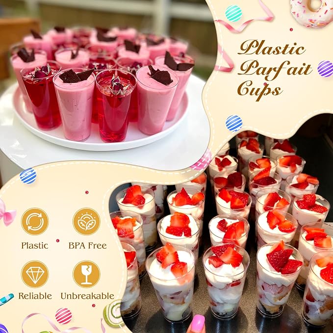 mwellewm 240 Pcs Dessert Cups with Spoons 120 Pcs 3 OZ Mini Clear Plastic Dessert Parfait Cup 120 Pcs Spoons for Party Small Round Serving Wine Shot Disposable Fruit Ice Cream Mousse Appetizer Bowl