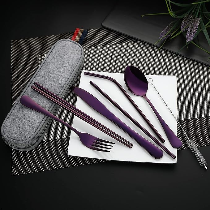 DEVICO Portable Utensils, Travel Camping Cutlery Set, 8-Piece including Knife Fork Spoon Chopsticks Cleaning Brush Straws Portable Case, Stainless Steel Flatware set (Purple) | 8Pcs Stainless Steel Travel Cutlery Set, Portable Metal Straws Chopsticks F...