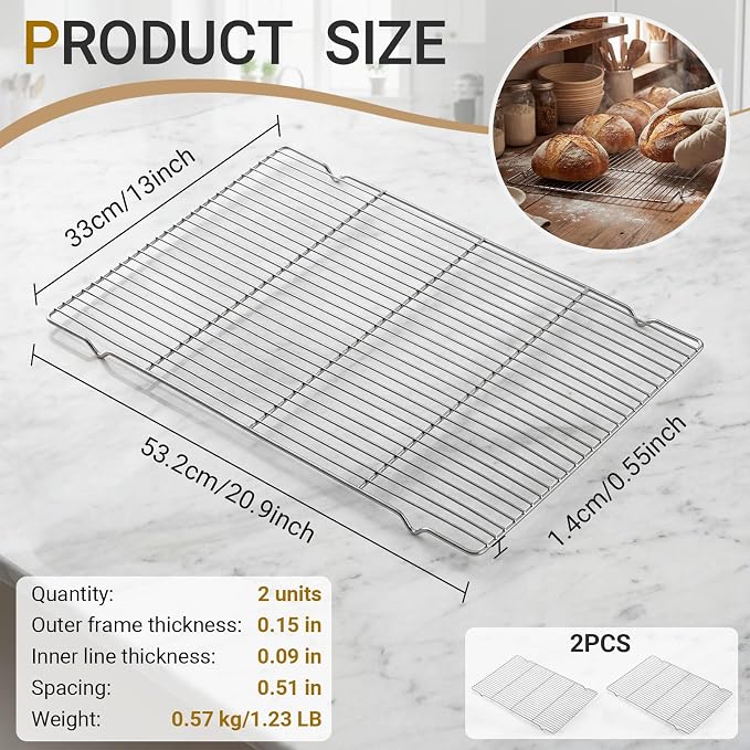 Lounsweer 2 Pcs Cooling Racks, 21L X 13W X 1H Stainless Steel Wire Rack for Baking Sheet, Large Cookie Cooling Rack, Oven Safe Cooking Racks for Sheet Pan, Dishwasher Safe, 2/3 Size