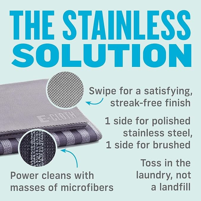 E-Cloth Stainless Steel Cleaning Cloth Pack - Wipes Clean with Water | Glass & Polishing + Stainless Steel Cleaner Cloth for Appliances, Cars & More, Reusable & Washable Towels