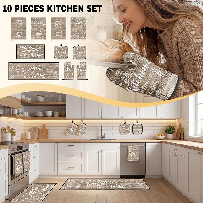 10 Pcs Kitchen Decor and Accessories Set, Farmhouse Brown | Rustic Wood Baking 4 Dish Towels Kitchen Rugs 2 Oven Mitts 2 Pot Holders, Home Decor for Cooking Baking BBQ Housewarming