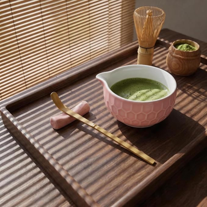 Matcha Whisk Set – Ceramic Matcha Bowl with Pour Spout, Bamboo Whisk, Whisk Holder, Scoop, Sifter – Japanese Matcha Kit for Beginners (Pink)