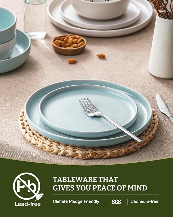 Famiware Milkyway 12-Piece Dinnerware Set, Matte Beige White & Light Blue | Stoneware Plates and Bowls for 4, Reactive Glaze Dish Set, Microwave & Dishwasher Safe, Chip & Scratch Resistant