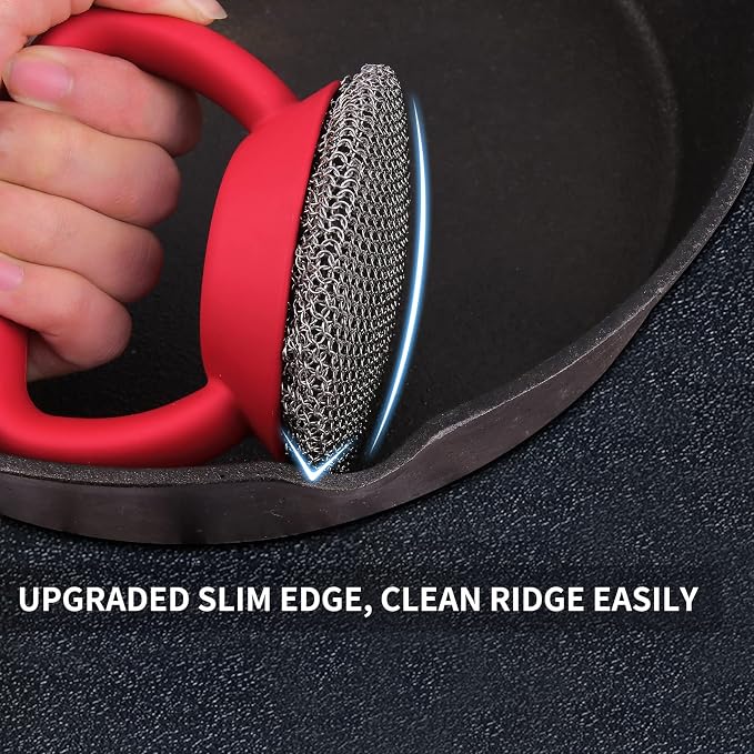 Cast Iron Cleaner Scrubber with Heavy Duty Handle, 3mm Welded Chain Mail | Fine Ring,Stainless Steel Sponge Chainmail Scrubber, Skillet Oven Grill Cleaning Metal Brush -Dishwasher safe,Heat Resistant