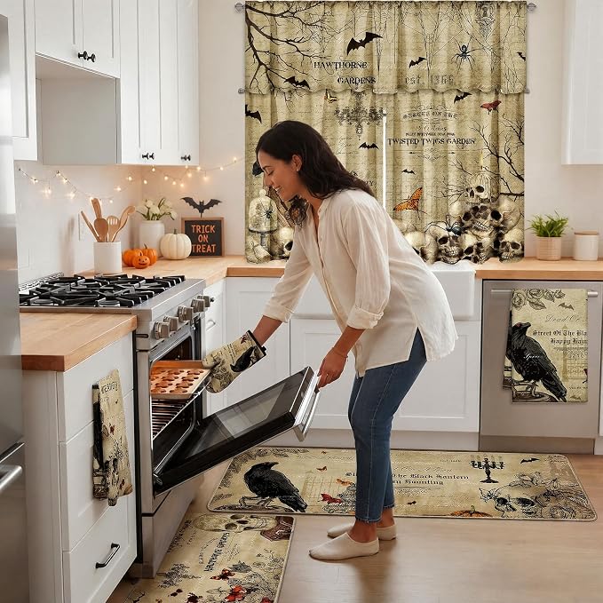 13 Pack Vintage Gothic Halloween Kitchen Decor Set, 3 Curtain Valance 2 Non Slip Rugs 4 Kitchen Towels 2 Pot Holders 2 Oven Mitts, Skull Raven Owl Spooky Print for Cooking Baking