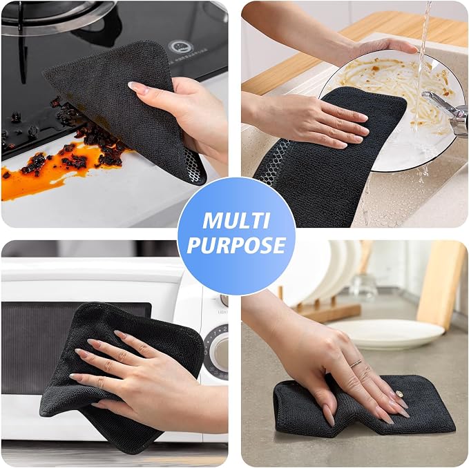 Dish Cloths for Washing Dishes with Scrub Side, Microfiber Dish Rags | Dual-sided microfiber dish cloths with scrubber for stuck-on food, quick dry kitchen washcloths 18 Pack, 7" x 7 Inch Black