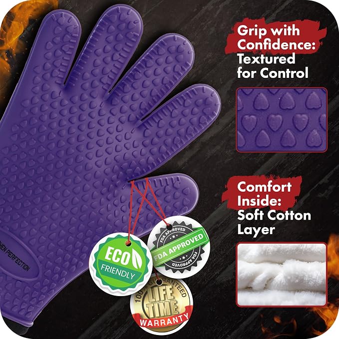 KITCHEN PERFECTION S Silicone Smoker BBQ Gloves - Heat Resistant Oven Mitts | Waterproof, 5-Finger Design For A Better Grip, for Pitmasters, Meat Smoking, Grilling, Cooking, Frying Turkey | Grill Gift