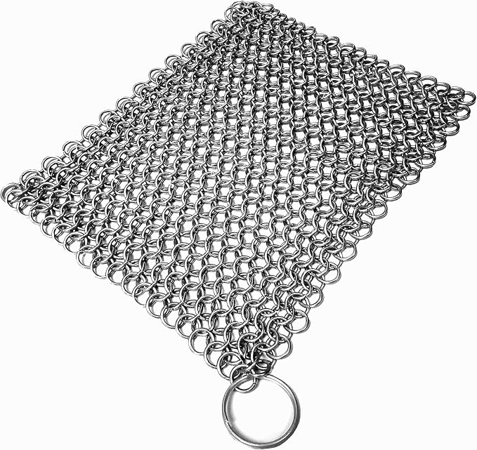 Chainmail Scrubber Cleaner 7.8" x 7.8" Premium 316L Stainless Steel Scrubber for Cast iron Pots,Pan, BBQ Grill, Wok and All Kitchenware Items - Stainless Steel