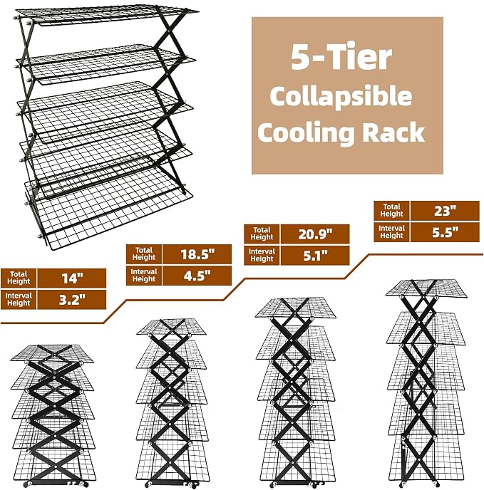 5 Tier Collapsible Cooling Rack Sourdough Cooling Rack 17"x10" | Cooling Racks for Cooking and Baking, Roasting, Grilling, Adjustable 6 Setting Design stackable, Oven & Dishwasher Safe