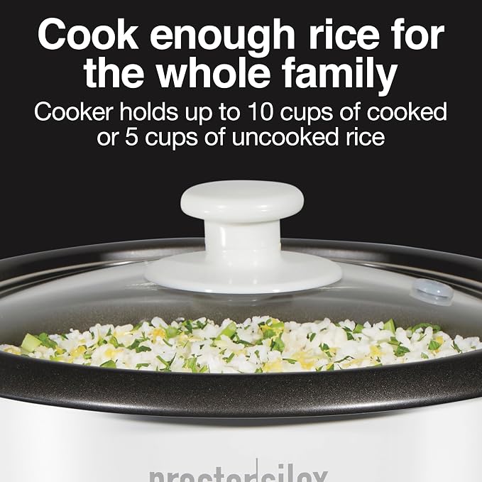 Proctor Silex Rice Cooker & Food Steamer, 10 Cups Cooked (5 Cups Uncooked) | Includes Steam and Rinsing Basket , Measuring Cup & Spatula | Easy 1 Touch Controls | White | 37533MN