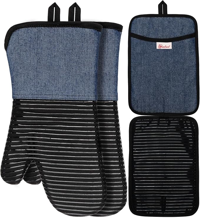 Yutat Oven Mitts, Pot Holders Set of 4 Made with Pure Cotton and Food Grade Non-Slip Silicone - 500 F Heat Resistant Oven Mitts and Pot Holders Sets for Kitchen Cooking (4pcs Set, Black and Denim)