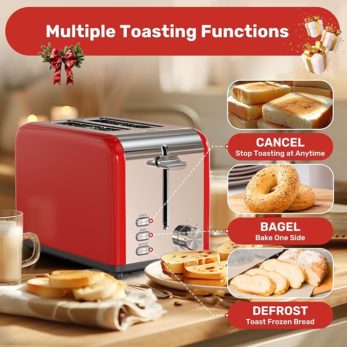 YSSOA Stainless Steel Toaster 2 Slice with Extra Wide Slot & Removable Crumb Tray, 6 Shade Settings and Bagel/Defrost/Cancel Functions, Compact Oven, for Various Bread & Waffle, Red New