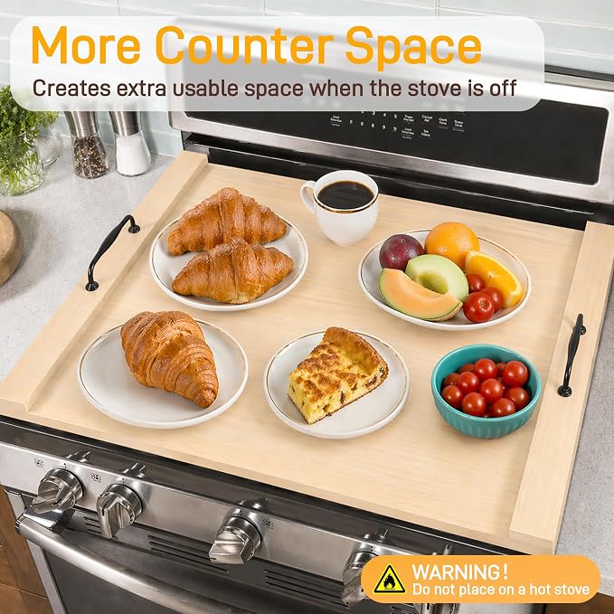 Noodle Board Stove Cover with Handles, 29.5 x 22 Inch, Natural Wood Color | Engineered Wood Cover for Electric, Gas and Glass Stove Tops, Raised Edge Serving Tray for Extra Counter Space