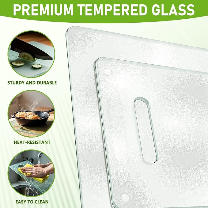 Tempered Glass Cutting Board for Kitchen, 2PCS Clear Chopping Board with Handle (16"x12" & 12"x8"), Plastic Free, Scratch Resistant, Heat Resistant, Dishwasher Safe, Non-toxic, Easy to Clean