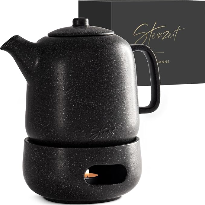 Design Tea Pot with Warmer (44 oz) - Premium Ceramic Teapot with Infuser for Loose Tea - Black Teapot Ceramic with Removable Steamer