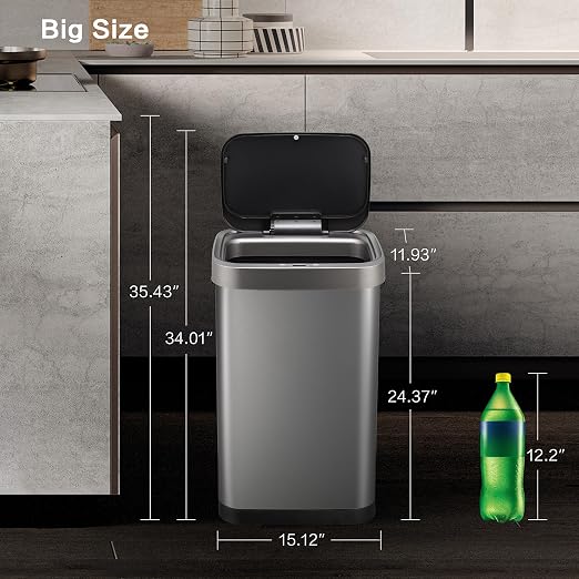 13 Gallon Trash Can, Touchless Stainless Steel Kitchen (Titanium) | Automatic Motion Sensor Lid | 50L Fits 13 Gal Tall Kitchen Bags | Anti-Fingerprint Brushed Finish | For Home Office