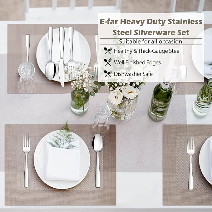 E-far 40 Pcs Heavy Duty Silverware Set for 8, Stainless Steel Flatware Set | Thick Metal Tableware Eating Utensils Include Forks Spoons Knives, Square Edge & Mirror Polished Cutlery, Dishwasher Safe