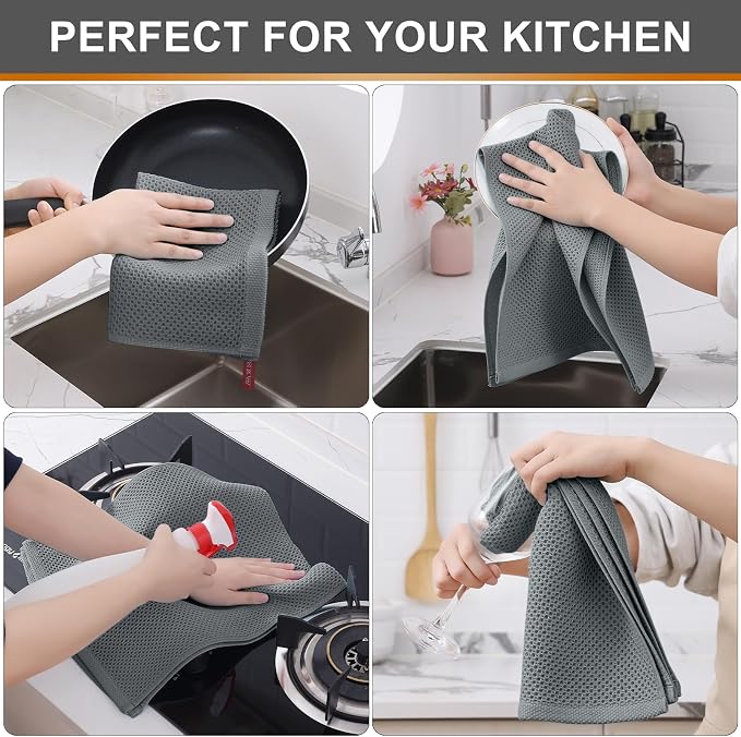 Kitinjoy 100% Cotton Waffle 4-Pack Kitchen Towels, 13" x 28", Grey | Super Soft, Ultra-Absorbent, Fast Drying, lightweight, Quick Drying Kitchen Hand Towels