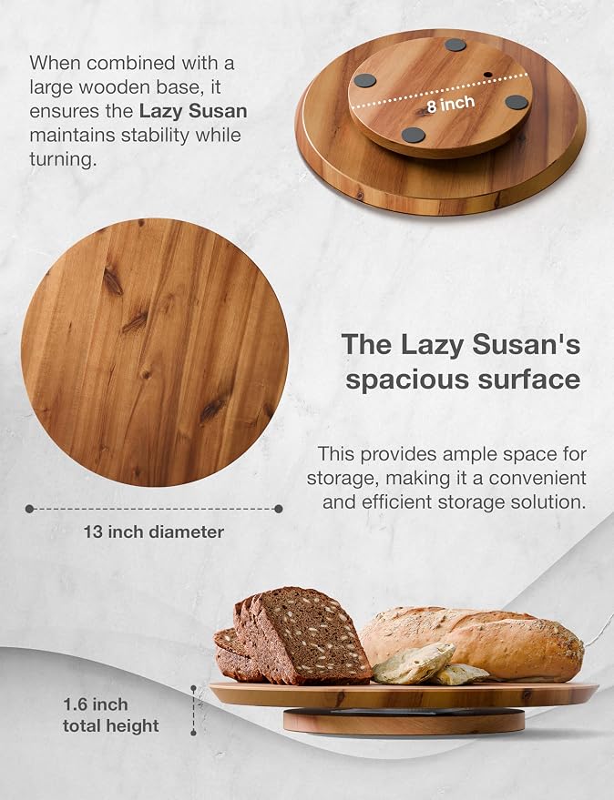 TIDITA 10" Wooden Lazy Susan Organizer for Cabinet, 360° Rotation, No Rim | Solid Acacia Wood, Non-Skid Pads, Swivel Round Lazy Susans Turntable for Countertop, Decorative Tray, Cheese Board, Multi-Use