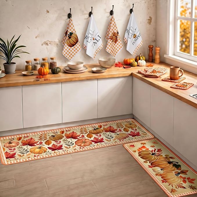 Fanfanwin 10 Pcs Fall Pumpkin Kitchen Decor Set Maple Leaves Kitchen Towels Pot Holders Oven Mitts and Rugs Set for Cooking Baking Gift Harvest Autumn Home Decor