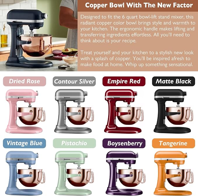 Copper Color 6 Qt Stainless Steel Mixer Bowl for Kitchenaid Bowl-Lift Mixer | 18/8 Stainless Steel, Heavy Duty, Dishwasher Safe, Mixing Bowl for Kitchenaid KP26, KL26, KT26