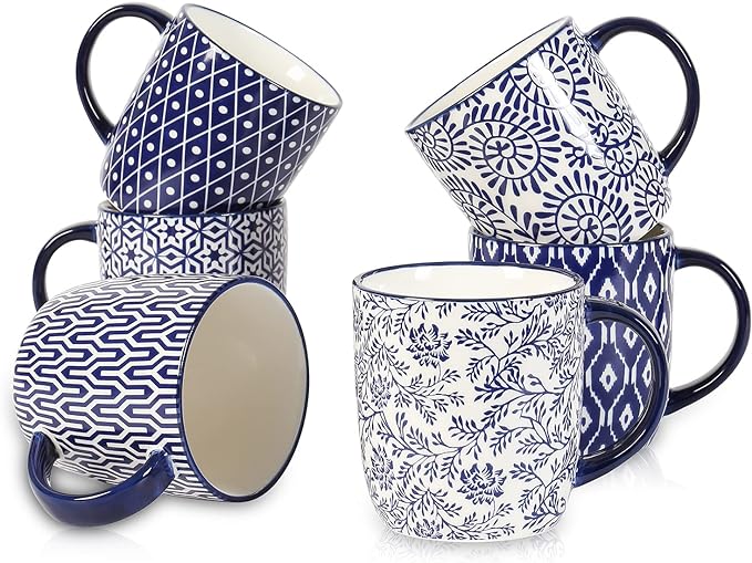 Selamica 10 oz Coffee Mugs Set of 6 with Handle, Coffee Cups Ceramic for Cappuccino Latte Cocoa Milk Tea, Dishwasher Microwave Safe, Vintage Blue