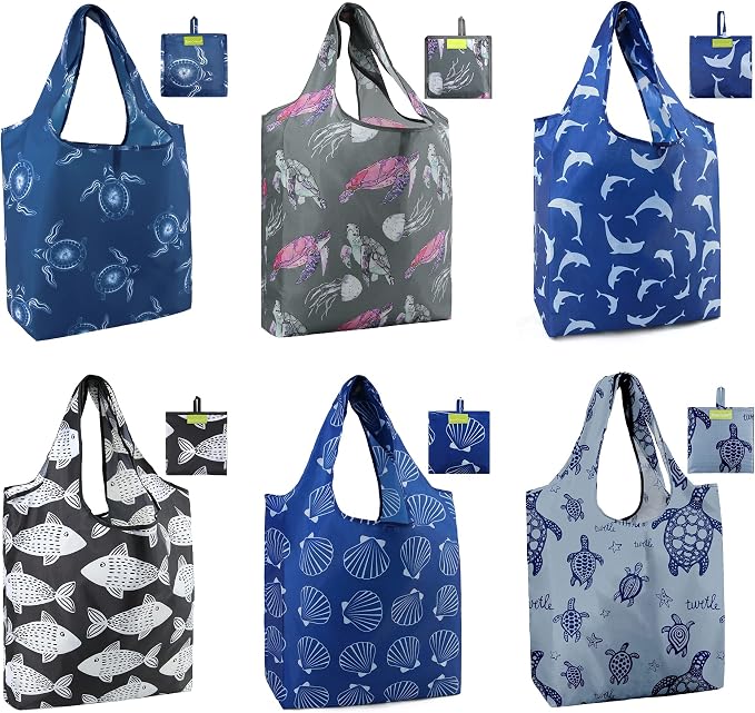 BeeGreen Animal Reusable Shopping Bags Cute Grocery Bag 6 Pack, Christmas Gift Bags Heavy-Duty Foldable Shopping Totes for Supermarket, Work & Travel, Large Washable Polyester Tote Bag with Handles