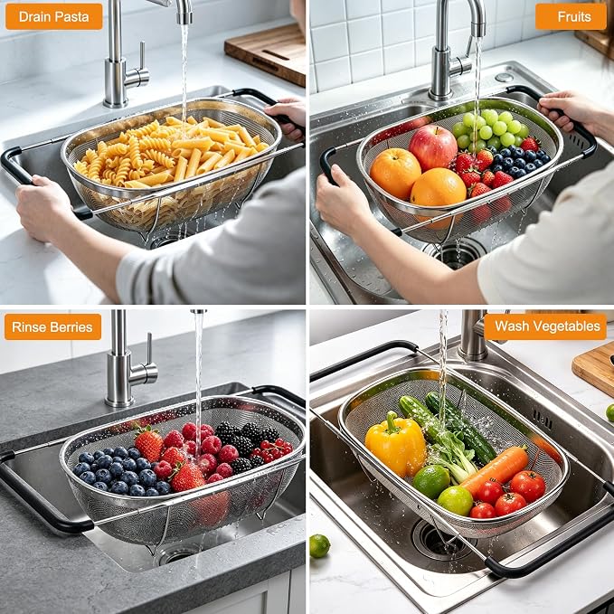 Palksky Over the Sink Colander, Stainless Steel Fine Mesh, 6 Quart 2 Pack | Expandable handles fit most sinks; fine mesh drains pasta, rice & produce