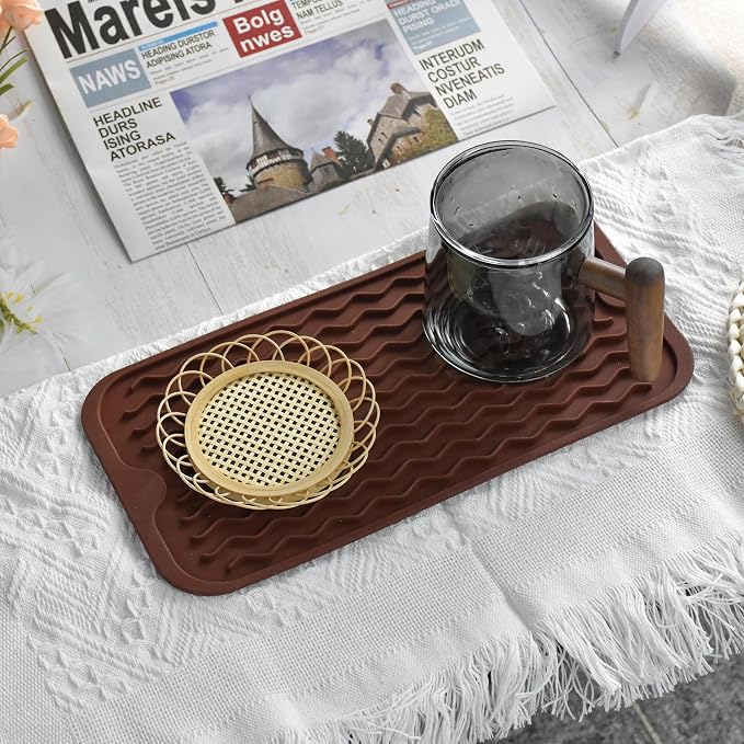 Silicone Dish Drying Mat, Non-Slip Easy Clean Sink Mat, Coffee, 12" x 6" | Quick-Dry Ridges, Hangable & Roll-Up for Storage, Dishwasher Safe