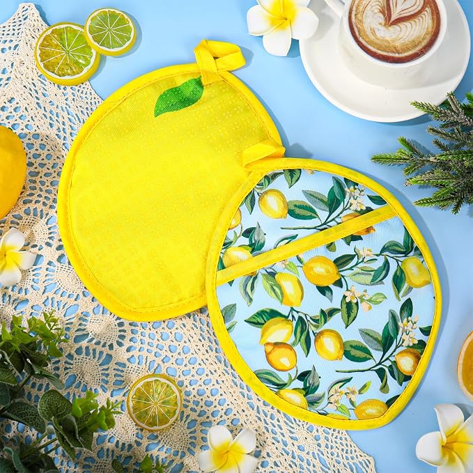 AnyDesign 2Pcs Lemon Floral Pot Holders Light Blue Lemon Shaped Heat Resistant Cotton Hot Pad Non-Slip Potholder Oven Mitt Trivet Mat for Summer Kitchen Cooking Baking, 7 x 9 Inch