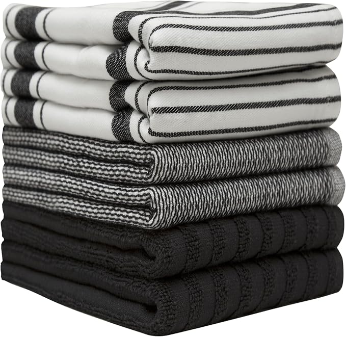 Premium Kitchen Towels 6 Pack 100% Cotton 20"x28" Dish Towels Black Striped | Large Flat & Terry Kitchen Linen Set with Hanging Loops, Highly Absorbent for Washing and Drying Dishes