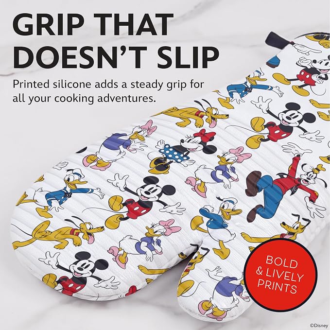 Disney Mickey Silicone Oven Mitts, Set of 2 7"x13.5", Heat Resistant 450F | Cotton exterior with grip stripes front and back, extended cuffs shield forearms, ambidextrous, hand wash only