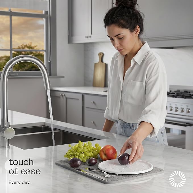 Deepstone Diatomite Stone Dish Drying Mat – Fast-Drying Natural Diatomaceous Earth Kitchen Countertop Drying Board – Super Absorbent & Non-Slip, 16 x 12 in (Gray)