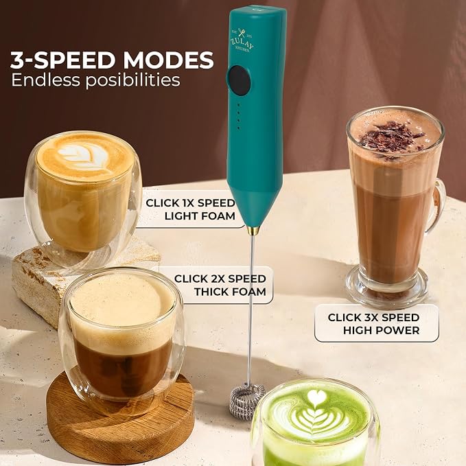 Zulay Kitchen Rechargeable Milk Frother Handheld - Frother Wand, Drink Mixer, Electric Whisk Frother, for Cappuccinos, Matcha & Protein Powder - Dynamic 3 Whisk, 3 Speed 500mAh Green Gold