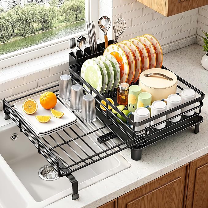 SAYZH Expandable Dish Drying Rack for Kitchen Counter, Metal, Black | Foldable Over Sink, Large Capacity, Rust-Resistant, Adjustable for Most Sinks, Automatic Drainage, Removable Utensil Holder
