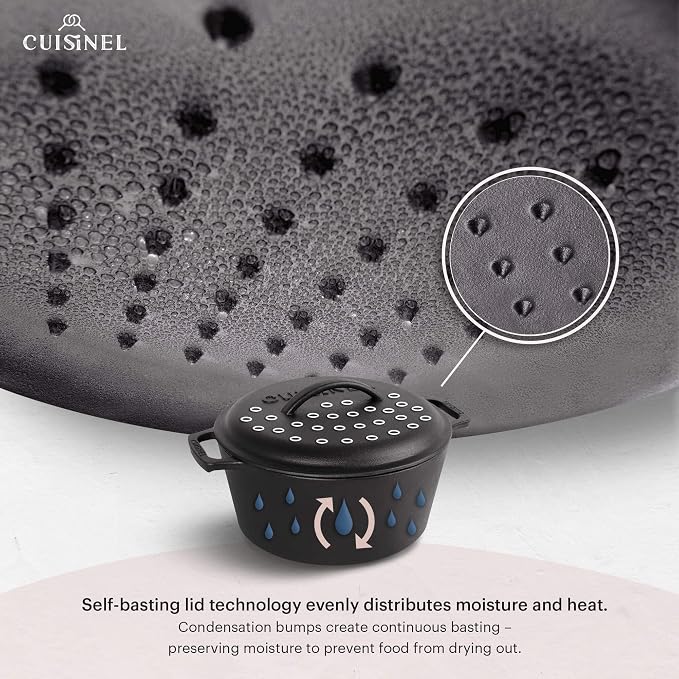 Cuisinel Cast Iron Dutch Oven - 5-Quart Deep Pot + Lid + Pan Scraper + Handle Cover Grips - Large Pre-Seasoned Cooker for Baking Bread, Soup, Frying - Indoor/Outdoor Kitchen, Camping, Fire, BBQ Safe