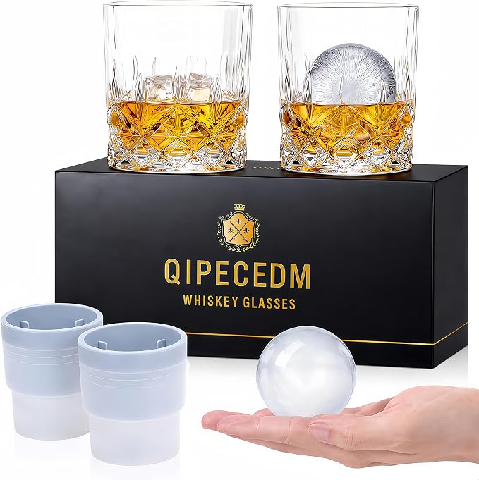 Qipecedm® Old Fashioned Whiskey Glasses, Set of 4 (2 Crystal Bourbon Glasses, 2 Round Big Ice Ball Molds) In Gift Box - 11 Oz Rocks Glass, Barware for Scotch Cocktail Rum Vodka Liquor, Gifts for Men
