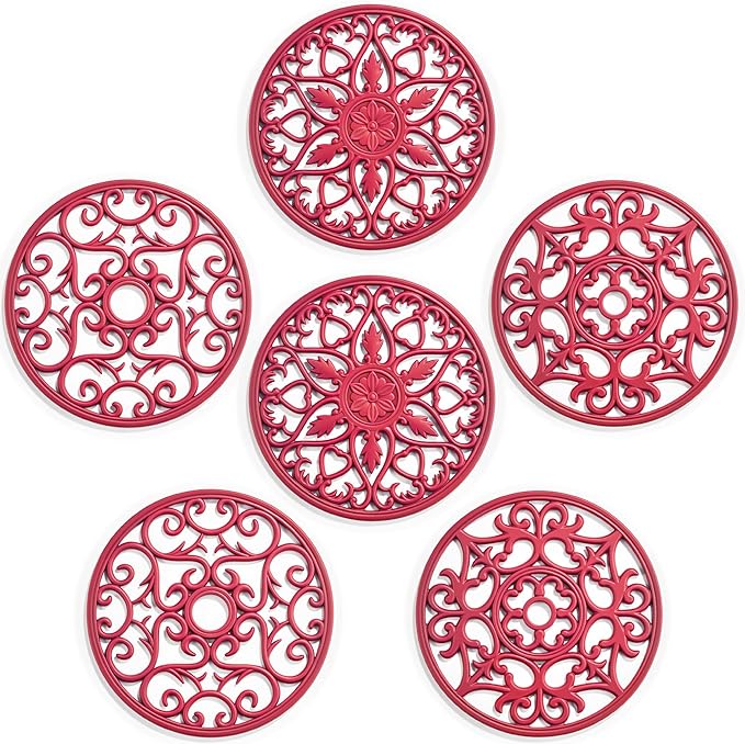 SMARTAKE 6 Set Silicone Trivet Mats for Hot Dishes Pots and Pans (Red) | Heat Resistant Pots and Pans Holders, Non-Slip Flexible Pads Coasters for Countertops Table, Modern Kitchen Decor Accessories