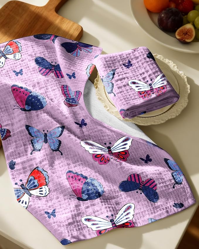 370GSM Cotton Waffle Kitchen Towels, Butterfly | Pure Cotton, Sustainable, Waffle Weave, Terry Cloth, Highly Absorbent, Decorative, 16"x25", with Hanging Loop
