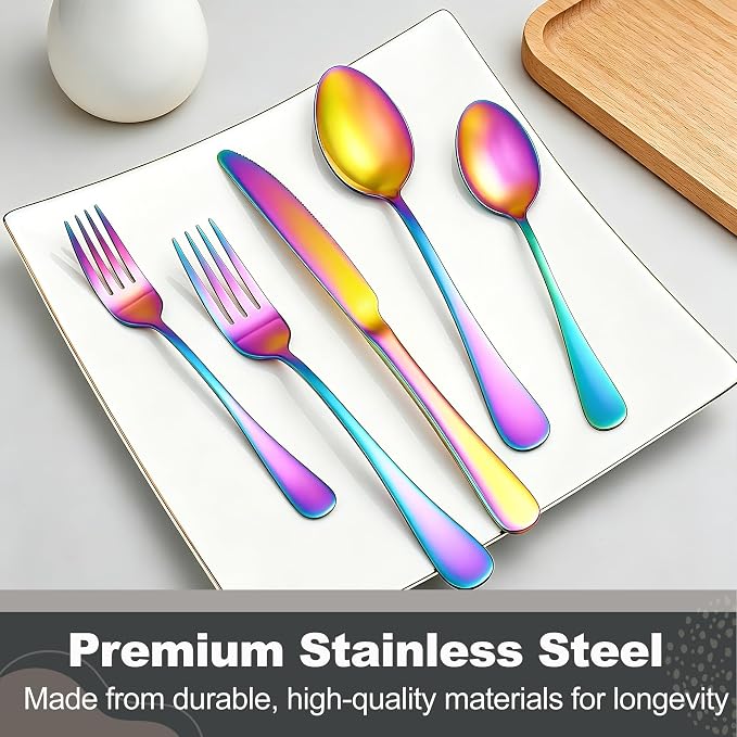 Runfly 60-Piece Rainbow Flatware Set, Stainless Steel Cutlery Set for 12 | Mirror Polished Durable Utensil Set Includes Knife Fork Spoon for Home Kitchen Restaurant Tableware