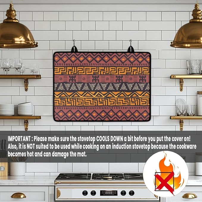African Tribal Stove Top Covers for Electric Stove | Mud Cloth Pattern, Geometric Ethnic, Glass Top Gas Stove Pad, Heat Resistant, Range Cooktop Mat for Kitchen, 28"x20"