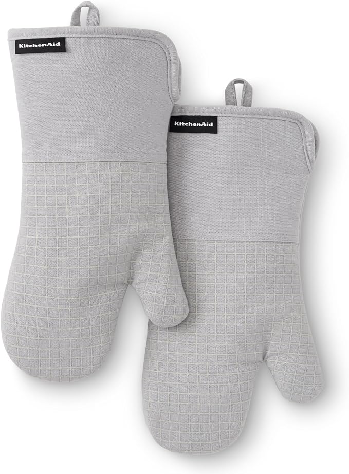 KITCHENAID Gourmet Series Gridlines Oven Mitts 2-Pack Set, Heat Resistant up to 600°F, Soft Silicone Grip, Magnetic Cuff, Matte Grey, 7"x14"
