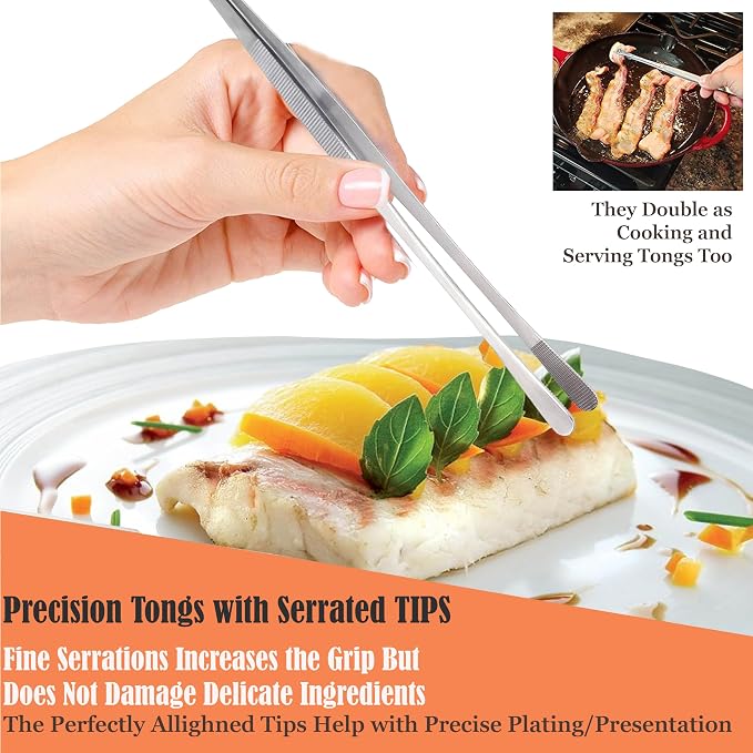 Professional Culinary Stainless Steel Precision Tongs With Serrated Tips - Plating/Food Presentation Detailing Serving - Chef's Kitchen Tweezer - Ultra Non-Slip Grip (12" Wide Jaws)