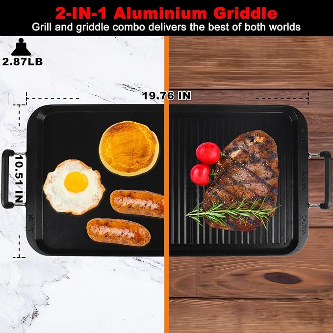2-in-1 Stove Top Griddle & Grill Pan, 20 Inch Non-Stick Double Burner Griddle for Gas, Electric, and Camping Stoves, Perfect for Pancakes, BBQ, and Indoor/Outdoor Cooking
